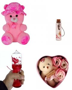 Gift in valentine \/love meter , pink teddy , pink heart box , message bottle for your girlfriend or boy friend multicolor