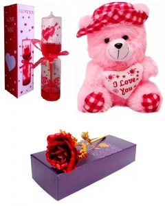 Gift in valentine \/ love meter and pink in pink cap teddy and red rose for your girlfriend or boy friend multicolor