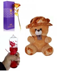 Cute and sweet gift in valentine \/ love meter _brown teddy_golden rose for your girlfriend or boy friend multicolor