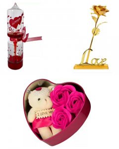 sweet gift in valentine \/ love meter and dark pink heart box and golden rose with stand for your girlfriend or boy friend multicolor